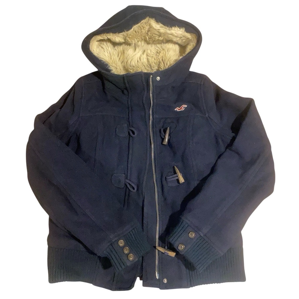 Hollister Y2K Navy Faux Fur Lined Hooded Toggle Jacket Size L - Picture 2 of 10